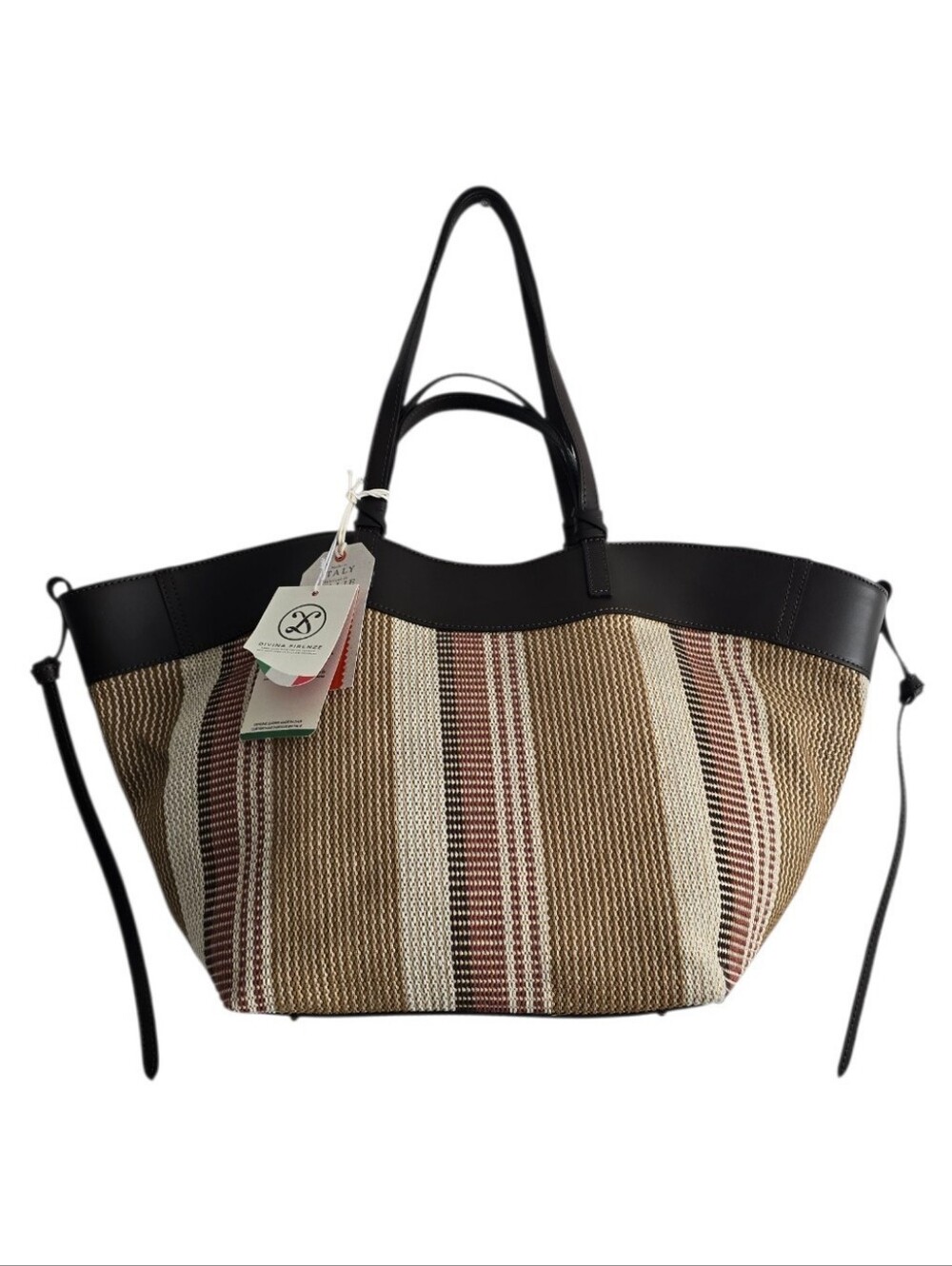 Artisanal Structured Woven Striped Tote Bag With Leather Trim & Dual Straps